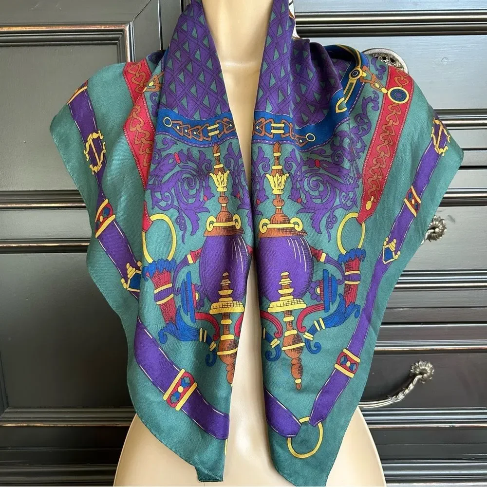 Vintage Elaine Gold Green Blue Royal Silk Scarf